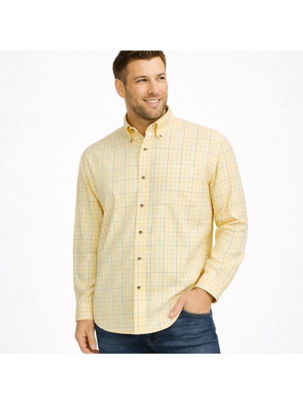 LL Bean Mens Shirt Size M Wrinkle Free Check Traditional Fit Yellow Button Down